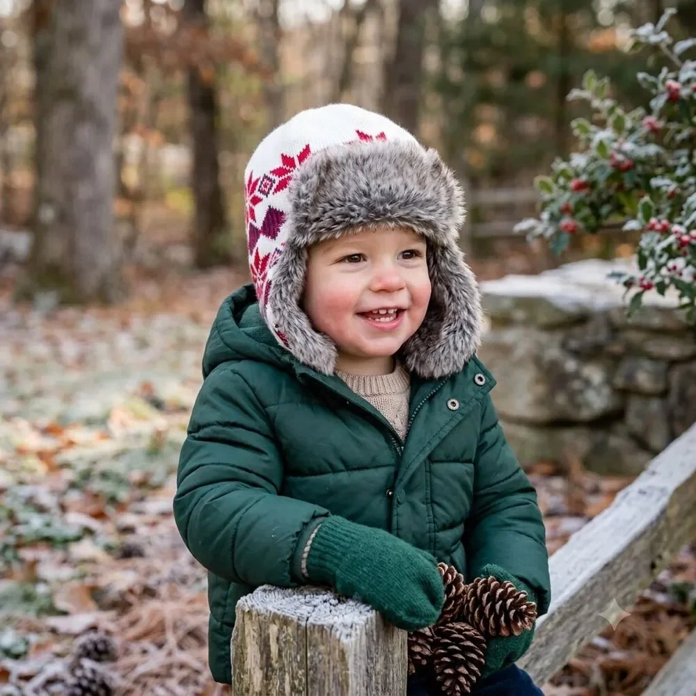 Janie & Jack Fair Isle Trapper Hat Faux Fur Knit Beanie 12-24M Holiday Red White